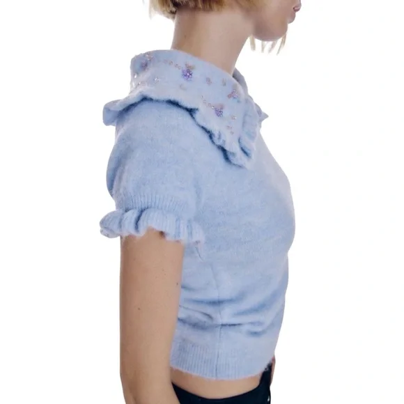 ZARA Peter Pan Beaded Collar Blue Cropped Knit Sweater Ruffle Trim Women’s Large - Picture 3 of 14